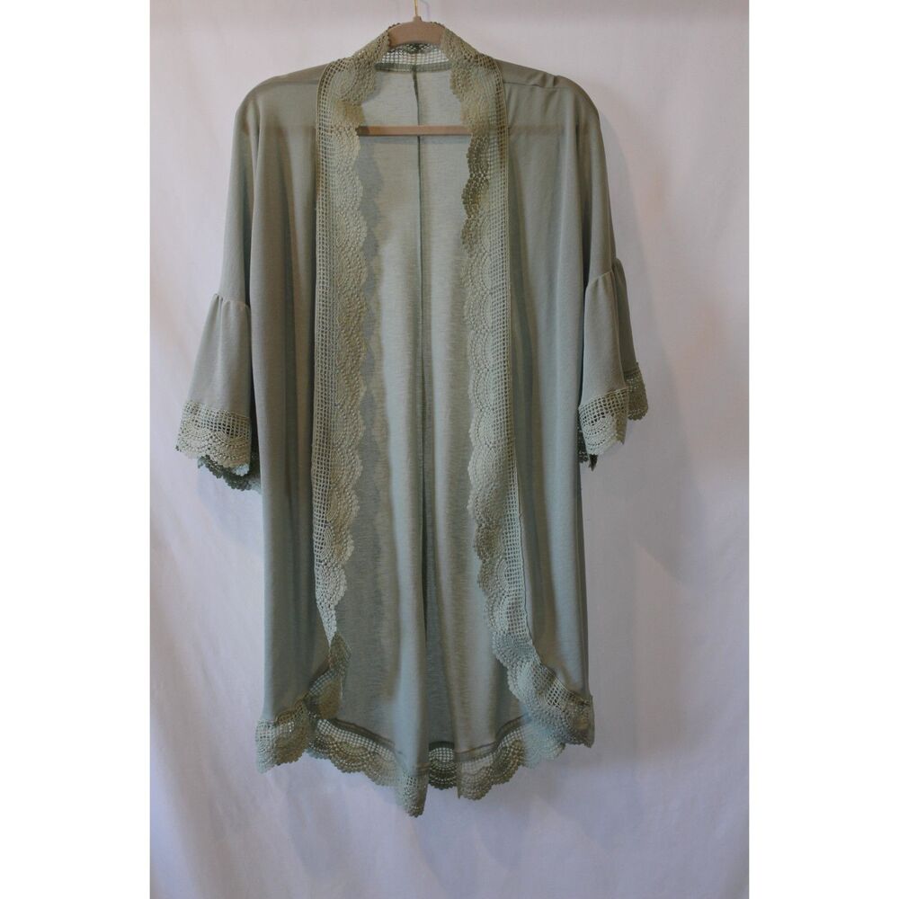 Sage Green Kimono Cover up Crochet Bell Sleeve Boho Cottagecore NWOT Oversized S